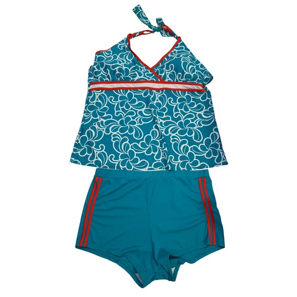 ✨Athletech Tankini‎ Swimsuit Top & Boy Shorts Set Teal Orange White 22W/24W - Picture 1 of 6